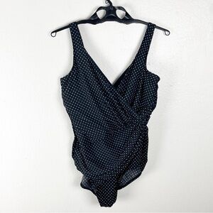 MIRACLESUIT Black White Polka Dot Ruched Side One Piece Swimsuit, Size 16